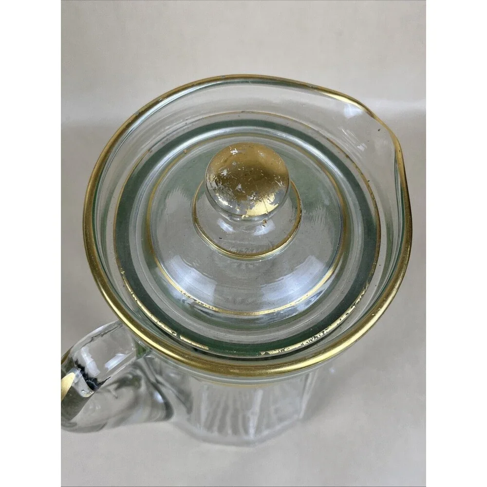 VTG Early 20th Tiffin Glass 9” Gold Trimmed & Green Gold Banded Pitcher‎ w/lid